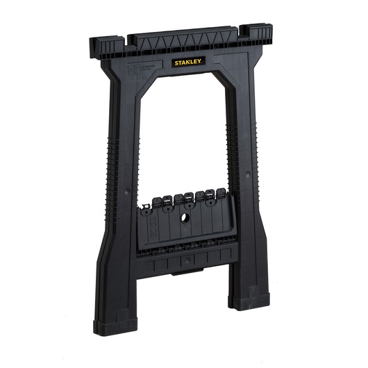 Stanley black plastic folding sawhorse for workshop or DIY use, shown upright on a white background.