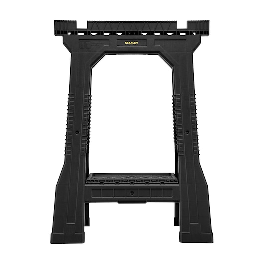 Photo of STANLEY STST1-70355 black plastic sawhorse, front view, with textured legs and central support shelf.
