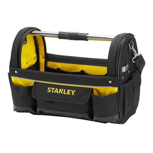 Stanley open tool bag with yellow interior, black exterior, side pockets, and metal handle.