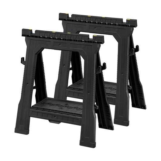 STANLEY STST1-70713 black plastic folding sawhorses, set of two, front angle, white background.
