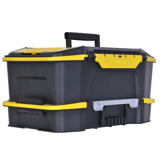Stanley black and yellow toolbox with handle and storage compartments on top and bottom.