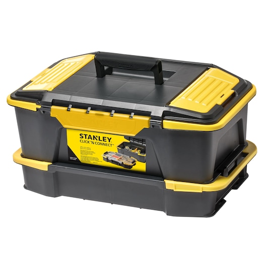 STANLEY STST1-71962 black and yellow plastic toolbox, front angle, with Click 'N Connect label.
