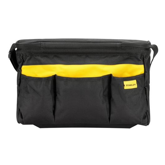 STANLEY STST1-73615 tool bag, photography with front view, black fabric with yellow accent and multiple pockets.