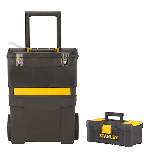 Stanley rolling toolbox and smaller toolbox, both black and yellow, positioned on a white background.