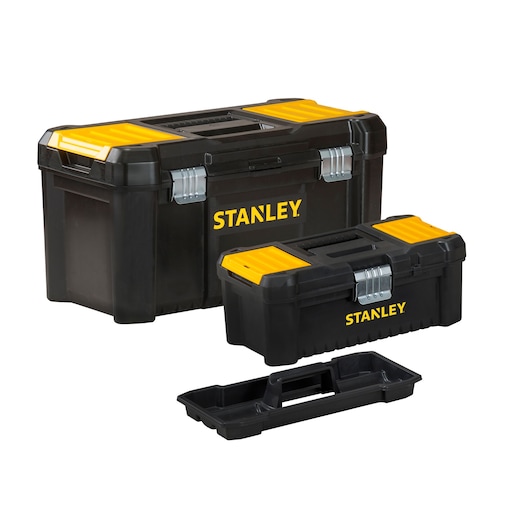 Two STANLEY black and yellow toolboxes and a detachable tray shown on a white background.