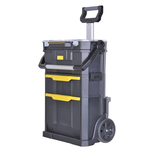 Stanley rolling tool box with extendable handle, yellow latches, and wheels for easy transport.