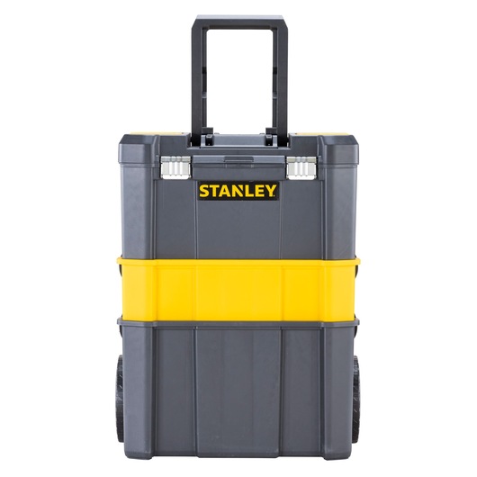 Stanley rolling toolbox in black and yellow with extendable handle and wheels, designed for portable storage.