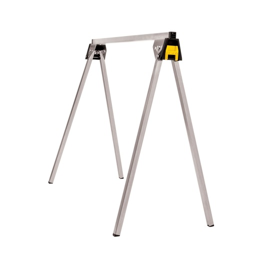 Photo of STANLEY STST81337-1 folding metal sawhorse, silver finish, front angle view on white background.