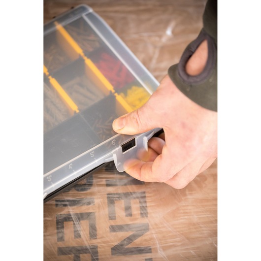 STANLEY STST81680-1 small parts organizer with clear lid, yellow dividers, hand opening latch, angled view.