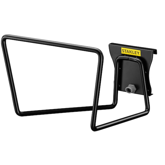 STANLEY STST82604-1 black metal hose hanger, front angle, with yellow brand label on mounting plate.