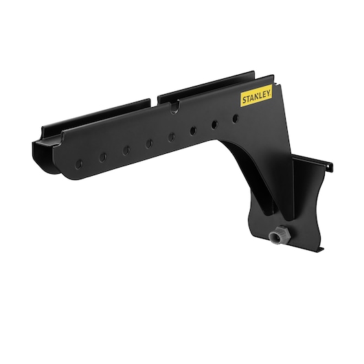 STANLEY STST82612-1 black wall bracket, angled view, metal mounting accessory for shelving.