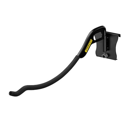 STANLEY STST82615-1 wall-mounted storage hook, black curved metal, side angle photo.