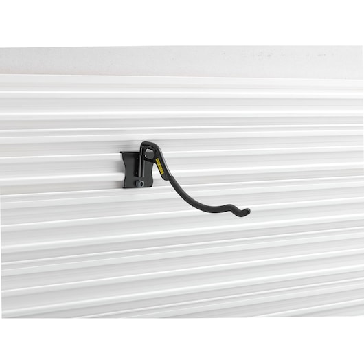 STANLEY STST82615-1 curved garage wall hook, black, side angle on white panel wall.