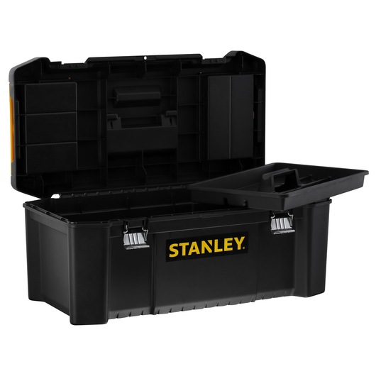 STANLEY STST82976-1 black plastic toolbox with open lid, removable tray, and silver latches, front angle.