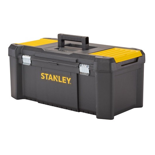 STANLEY STST82976-1 black and yellow toolbox, front angle, metal latches and top handle.