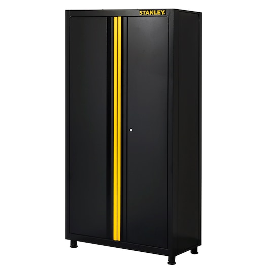 STANLEY STST97957-1 black metal storage cabinet with yellow stripe, frontal angle, photography.