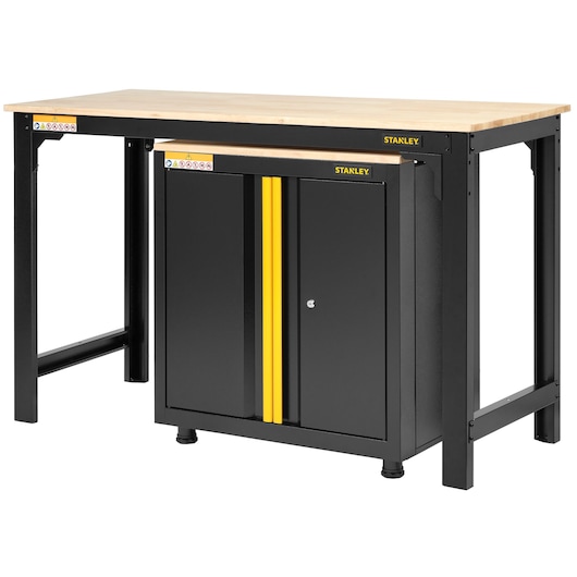 STANLEY STST97998-1 workbench with wooden top and black metal cabinet, front angle on white background.