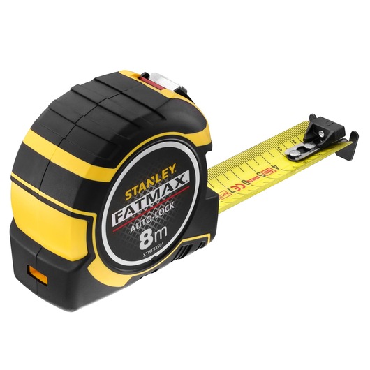STANLEY XTHT0-33501 tape measure FATMAX AutoLock 8m, black and yellow, angled side view on white background.