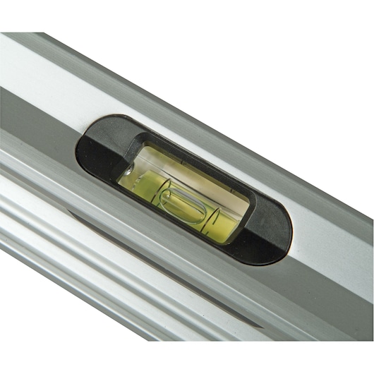 STANLEY XTHT1-42132 spirit level close-up showing yellow vial on white background.