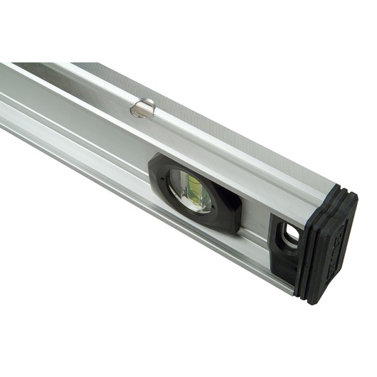 STANLEY XTHT1-42132 aluminum spirit level close-up photo with black end caps, photography product.